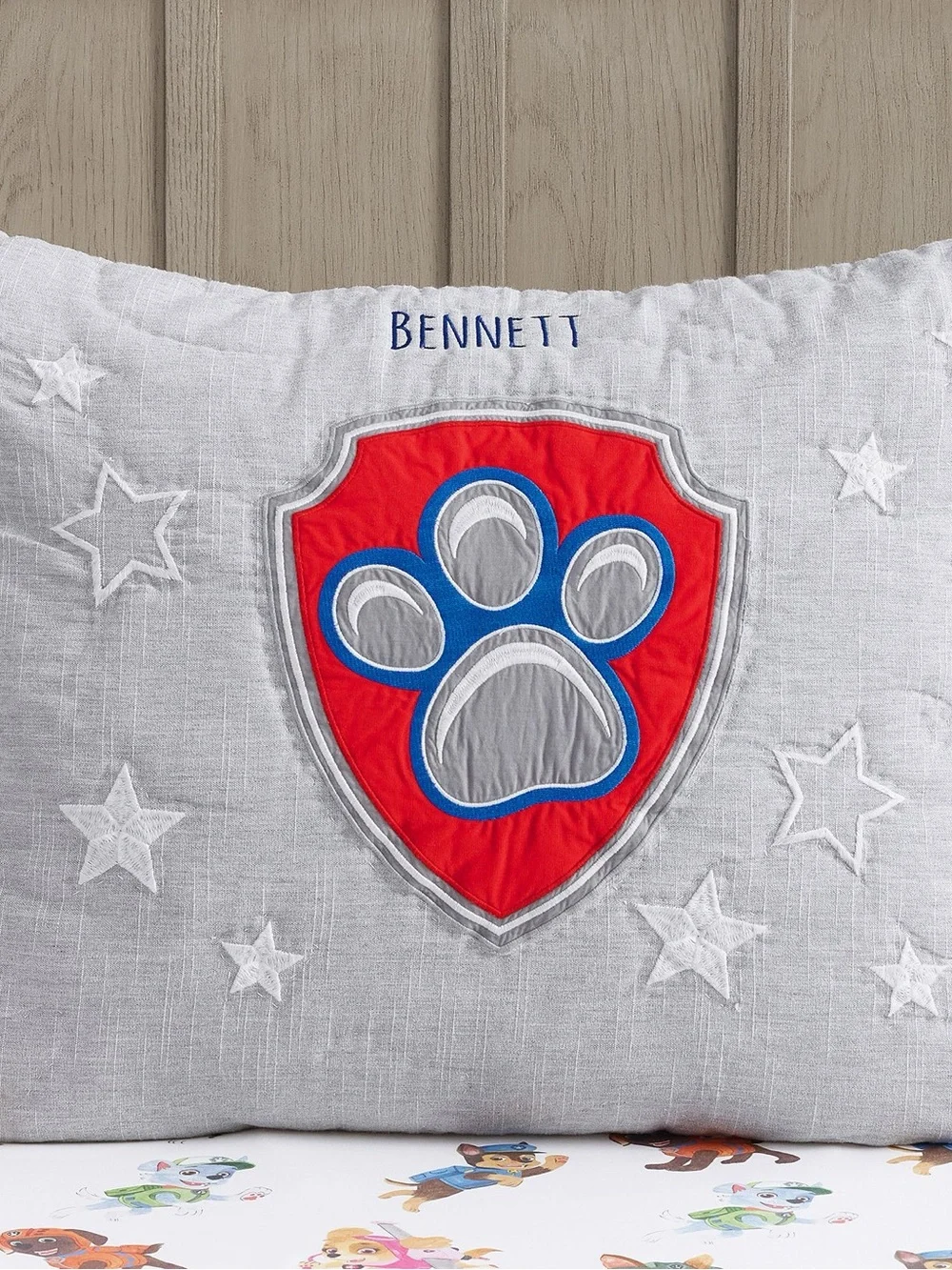Pottery Barn Kids Gray Pillowcase with Red and Blue Paw Patrol Shield